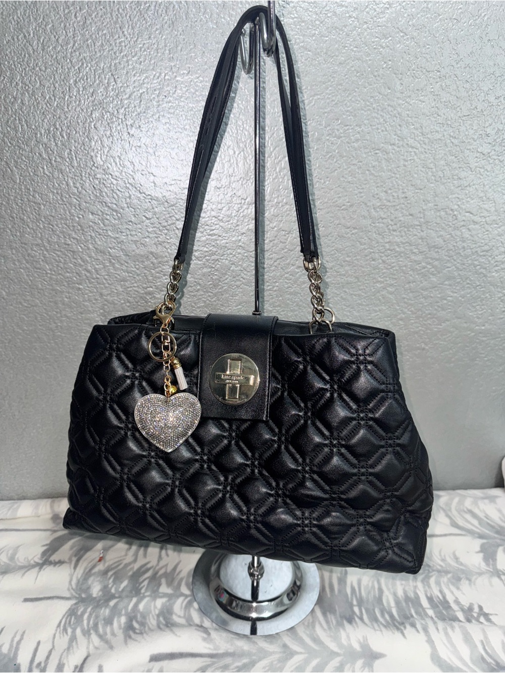 kate spade Black Quilted Shoulder Bag with Gold Hardware and Heart Charm